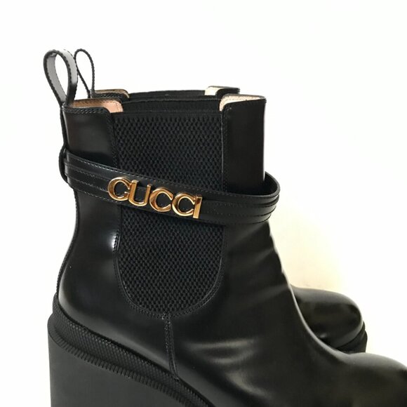 Gucci Trip Ankle Logo Plaque Boots Womens 41.5 11.5 Black Leather Chelsea Combat - Picture 6 of 15